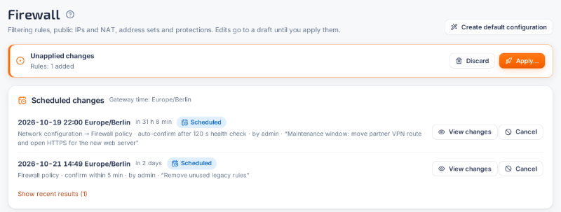 Unapplied changes banner with Discard and Apply buttons, above a list of scheduled changes in the VYREON console