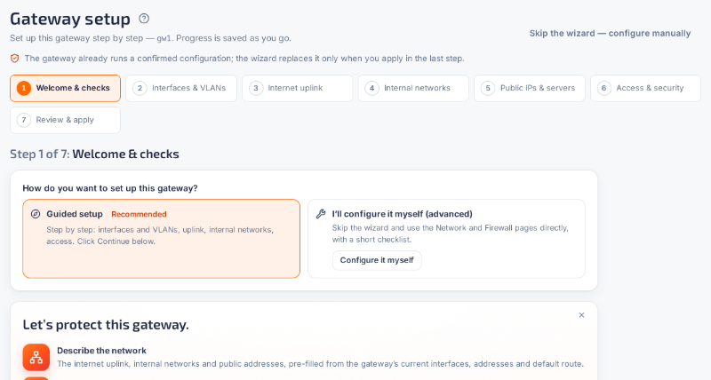Gateway setup wizard in the VYREON console, step 1 of 6: welcome and checks