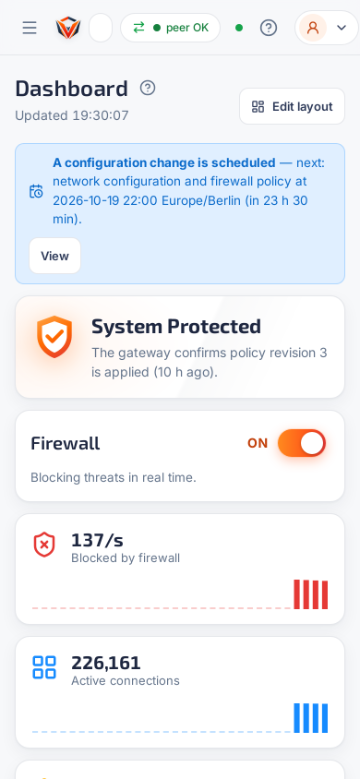 VYREON dashboard on a phone, in the light theme