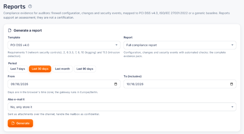 Report generator in the VYREON console: template, report type, period and delivery options